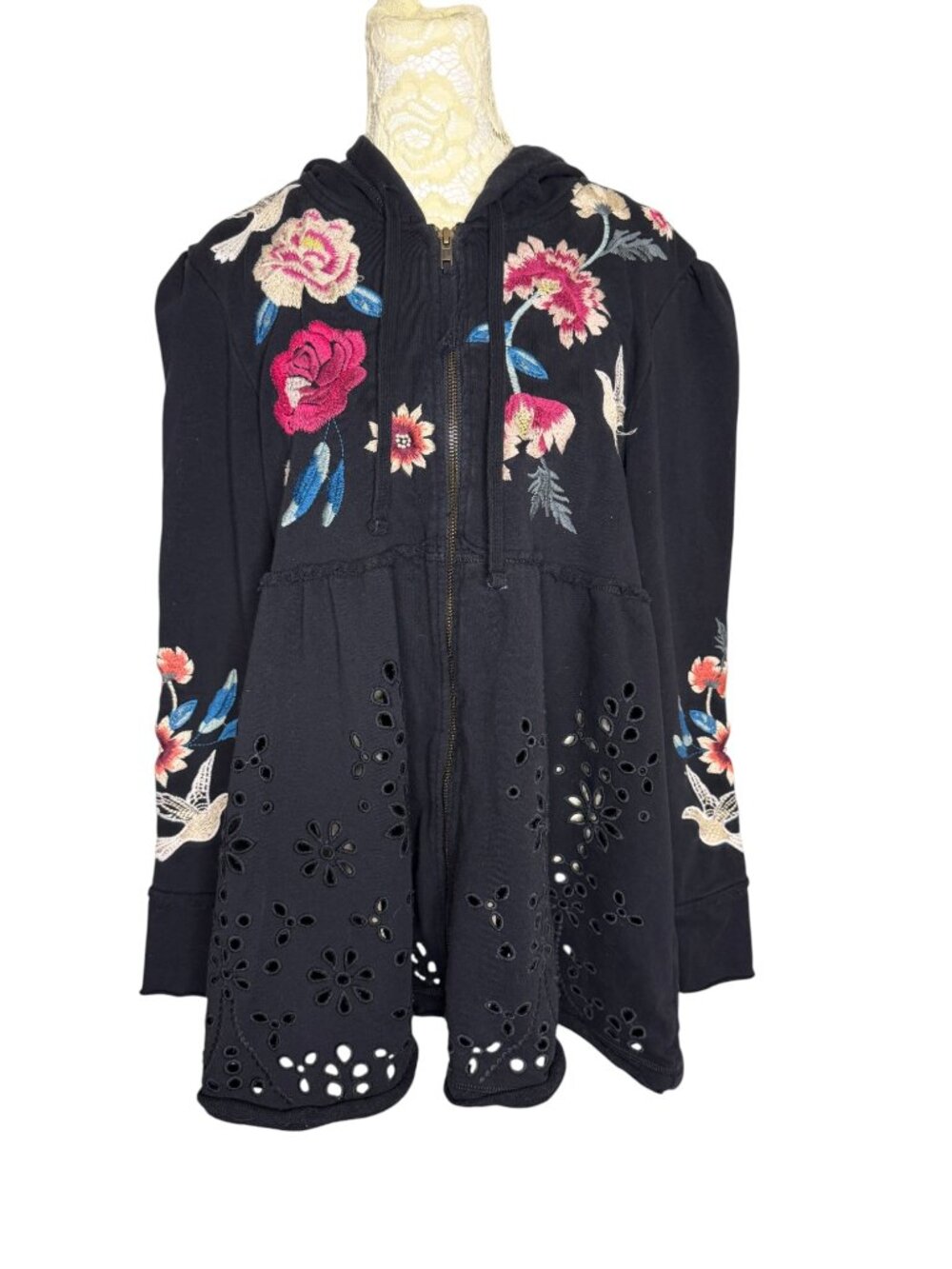 Johnny Was Junia Jacket Embroidered Eyelet Zip Front Hooded Black S - Picture 6 of 12